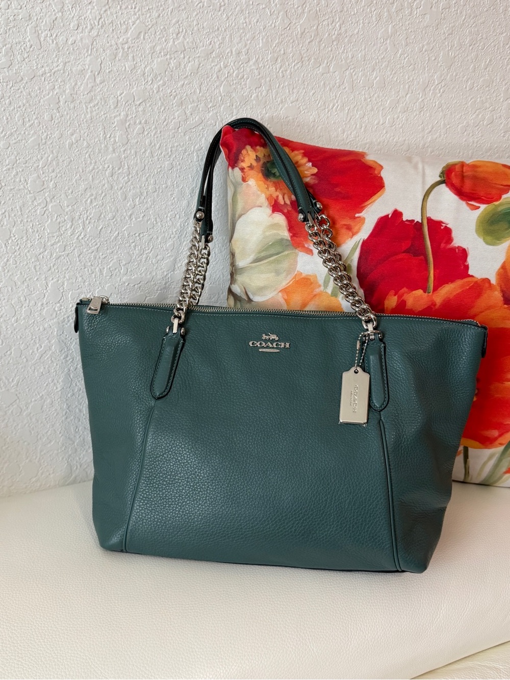 Coach Pebbled Leather Shoulder Tote in Teal Green with Silver Hardware